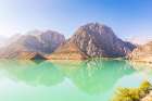 Iskanderkul-Sughd Province-Tajikistan Mountains and blue sky above Iskanderkul Lake Art Print